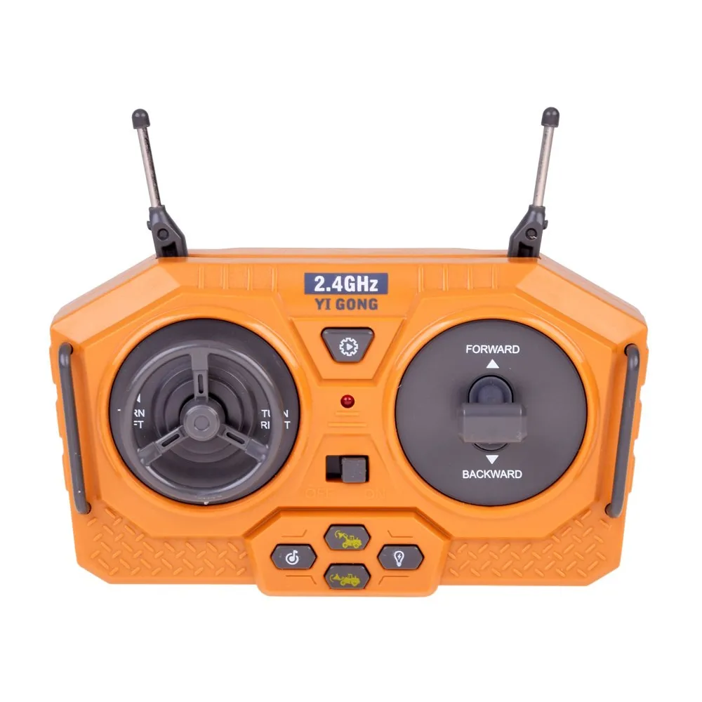 zdalnie sterowany spychacz z pomarańczowym i szarym kolorem