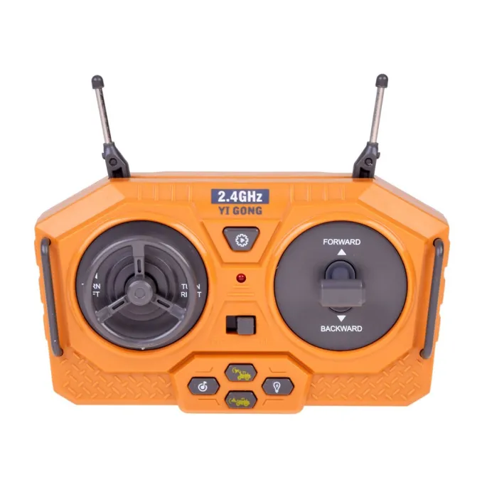 zdalnie sterowany spychacz z pomarańczowym i szarym kolorem