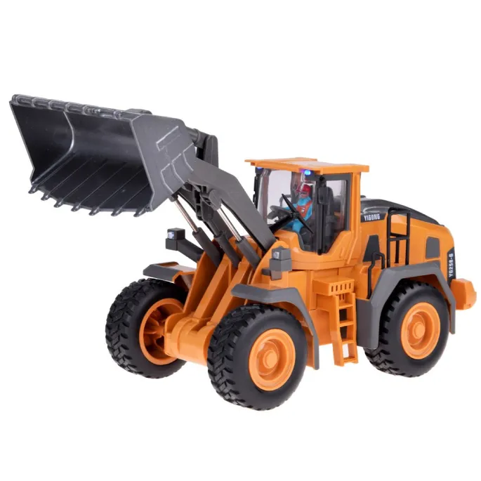 widok spychacza rc z boku, podkreślający szczegóły budowy