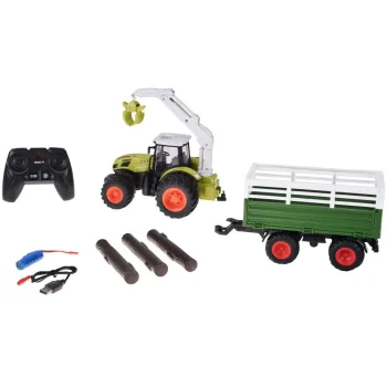Sterowany Traktor na pilota z przyczepą i chwytakiem bale drewna RC0719