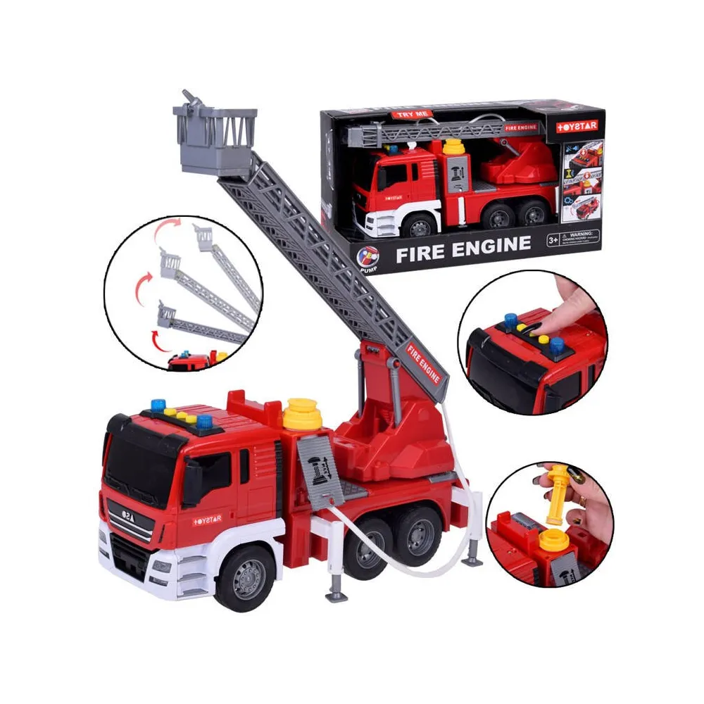 widok samochodu strażackiego z rozłożoną drabiną i wysięgnikiem