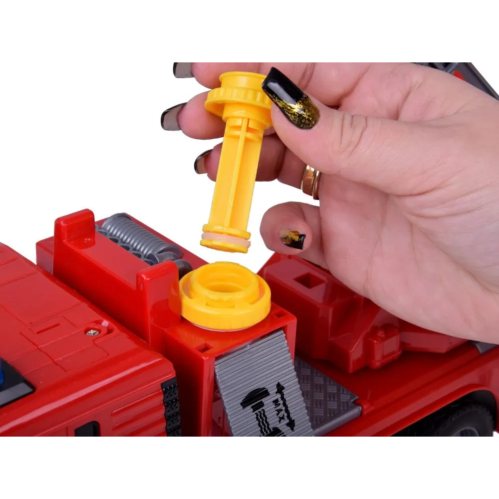 prawa strona pojazdu strażackiego z otwartą klapą i detalami