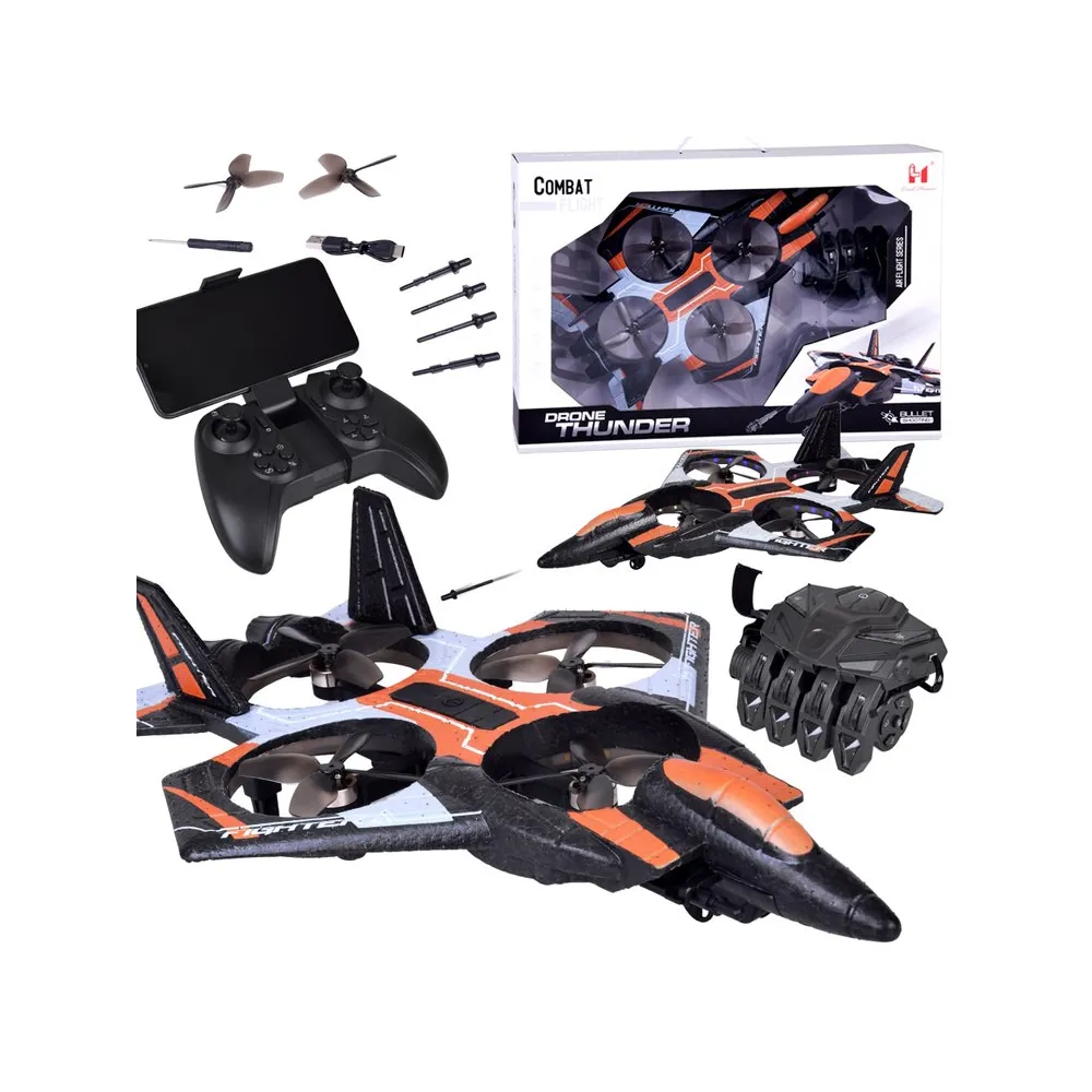 Strzelający dron Combat RC0750 na białym tle z widoczną rękawicą sterującą