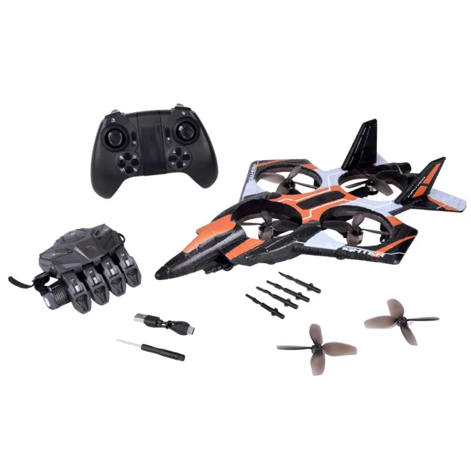 Dron RC0750 w locie ze świecącymi diodami LED w różnych kolorach