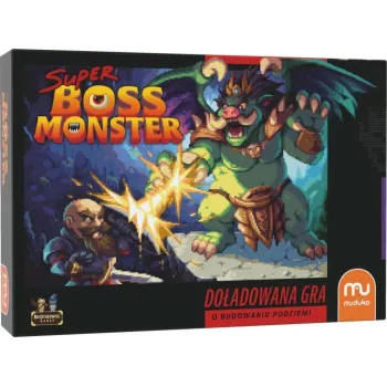 Pudełko gry Super Boss Monster MUDUKO z elementami zestawu na tle białym