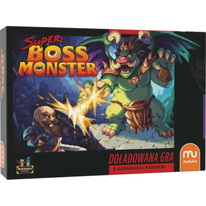 Pudełko gry Super Boss Monster MUDUKO z elementami zestawu na tle białym