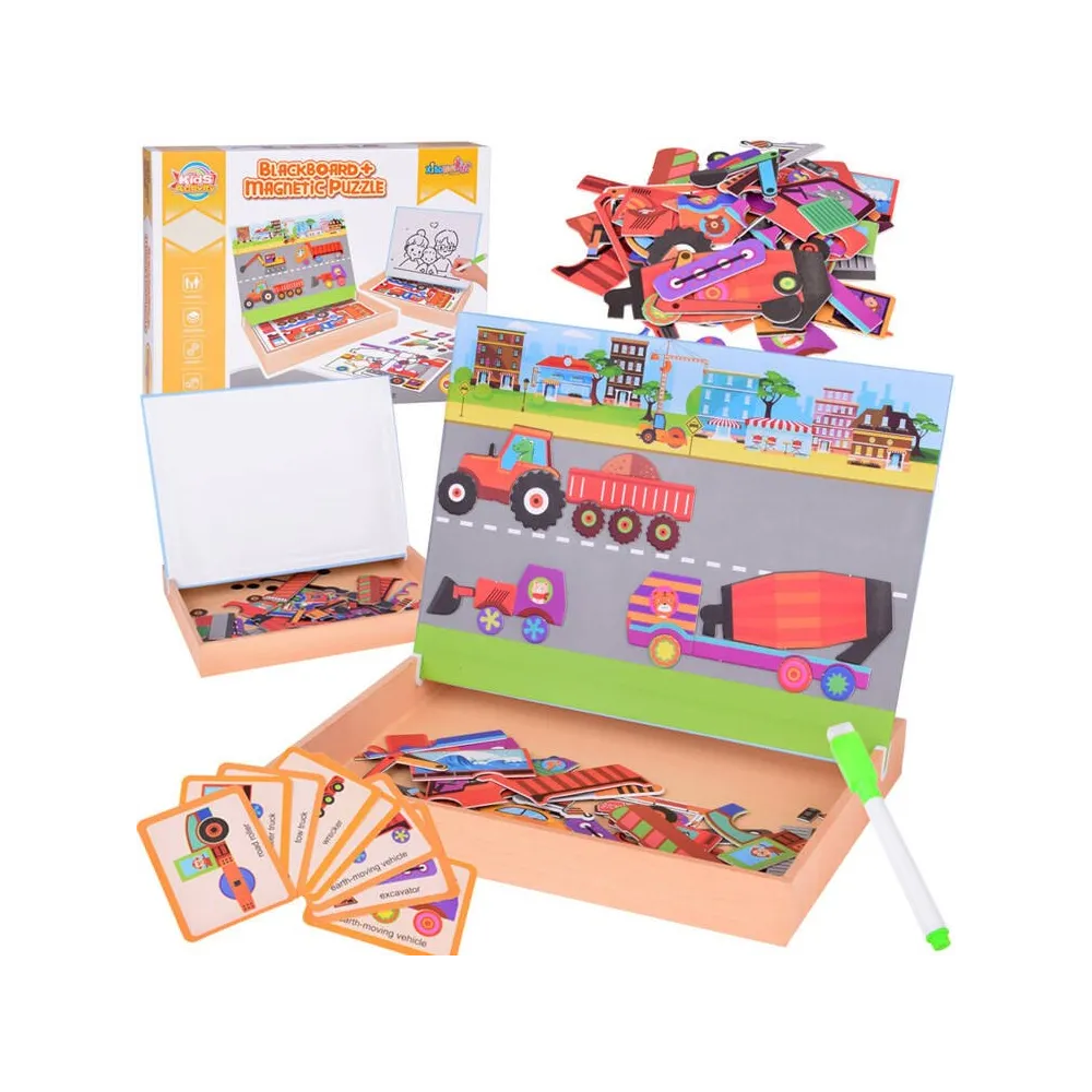 Tablica magnetyczna 2w1 z magnetycznymi puzzlami pojazdów budowlanych