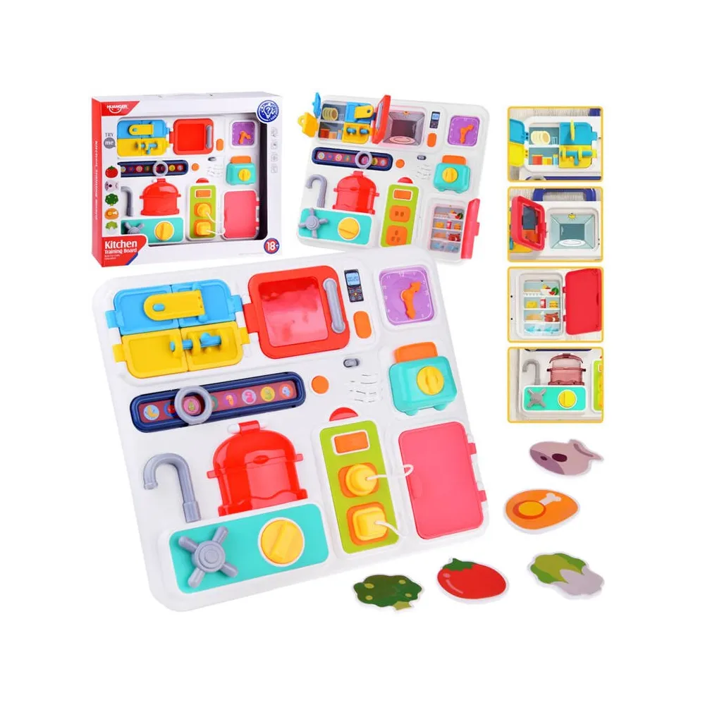 Tablica manipulacyjna kuchnia Montessori z kolorowymi przyciskami i pokrętłami