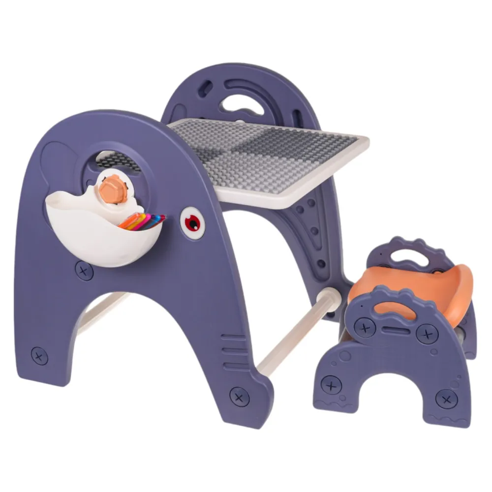 Stolik dziecięcy z bocznymi koszami na akcesoria widoczny z boku