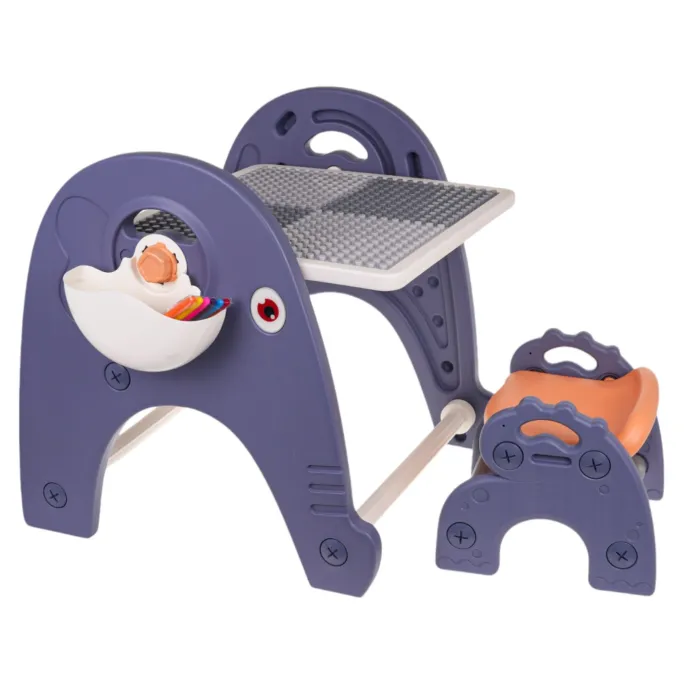 Stolik dziecięcy z bocznymi koszami na akcesoria widoczny z boku