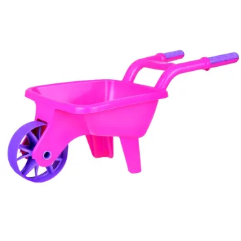 różowe taczki z kolorowym wiaderkiem do zabawy w piasku