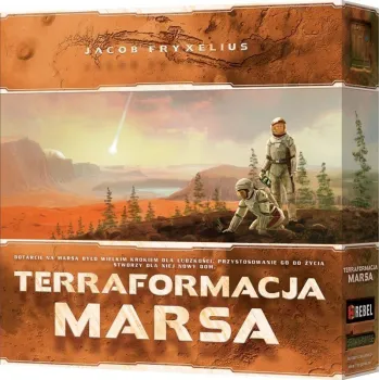 Pudełko gry planszowej Terraformacja Marsa: REBEL na tle Marsa