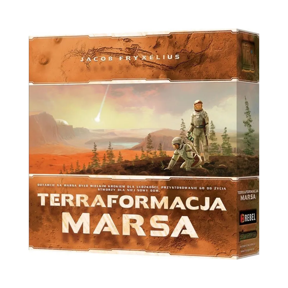 Pudełko gry planszowej Terraformacja Marsa: REBEL na tle Marsa