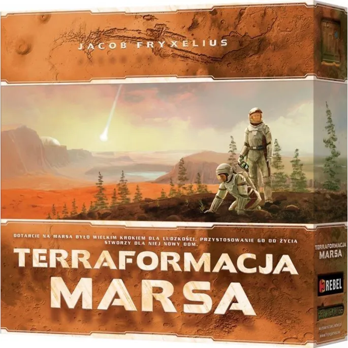 Pudełko gry planszowej Terraformacja Marsa: REBEL na tle Marsa
