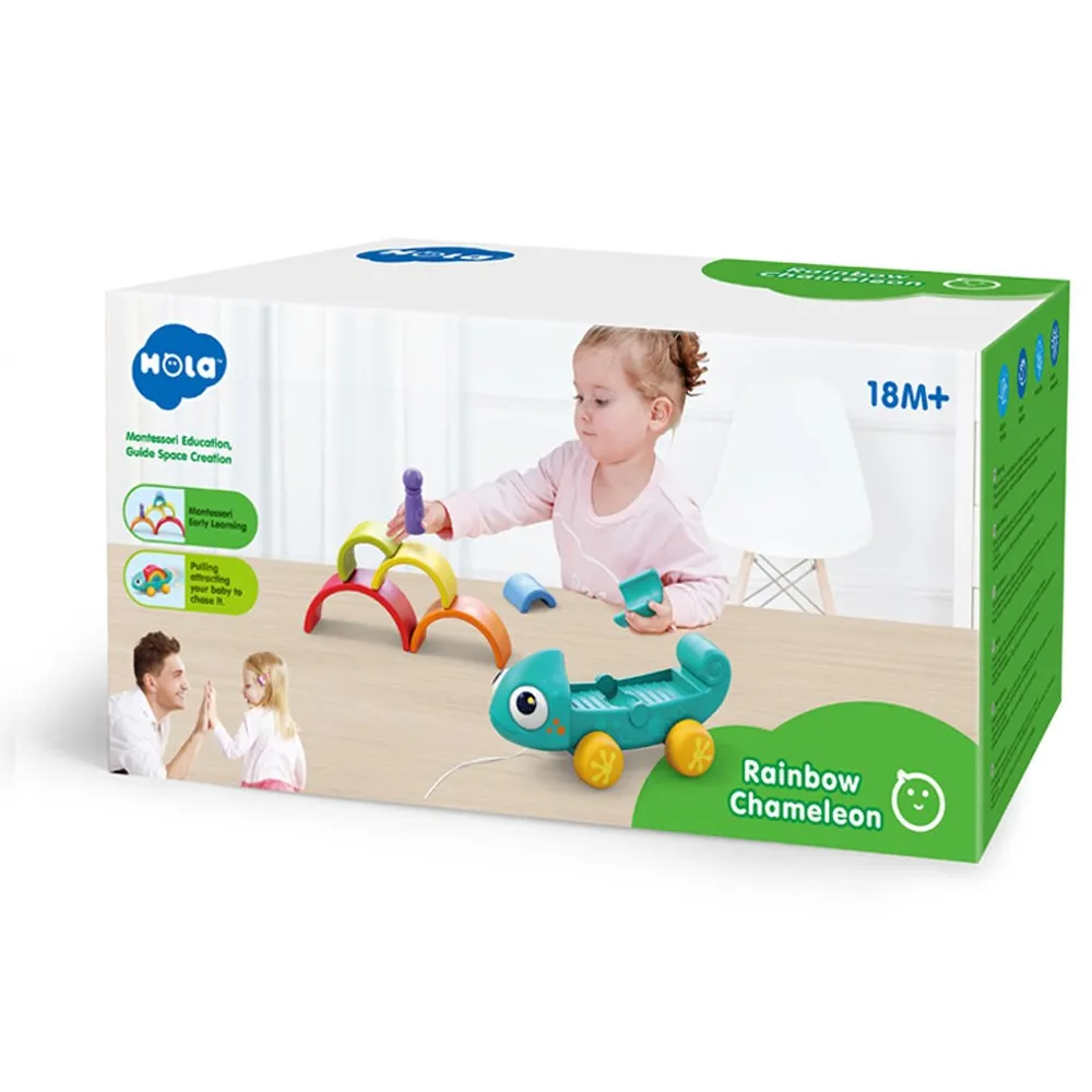 tęczowy kameleon montessori prezentowany w domowej scenerii