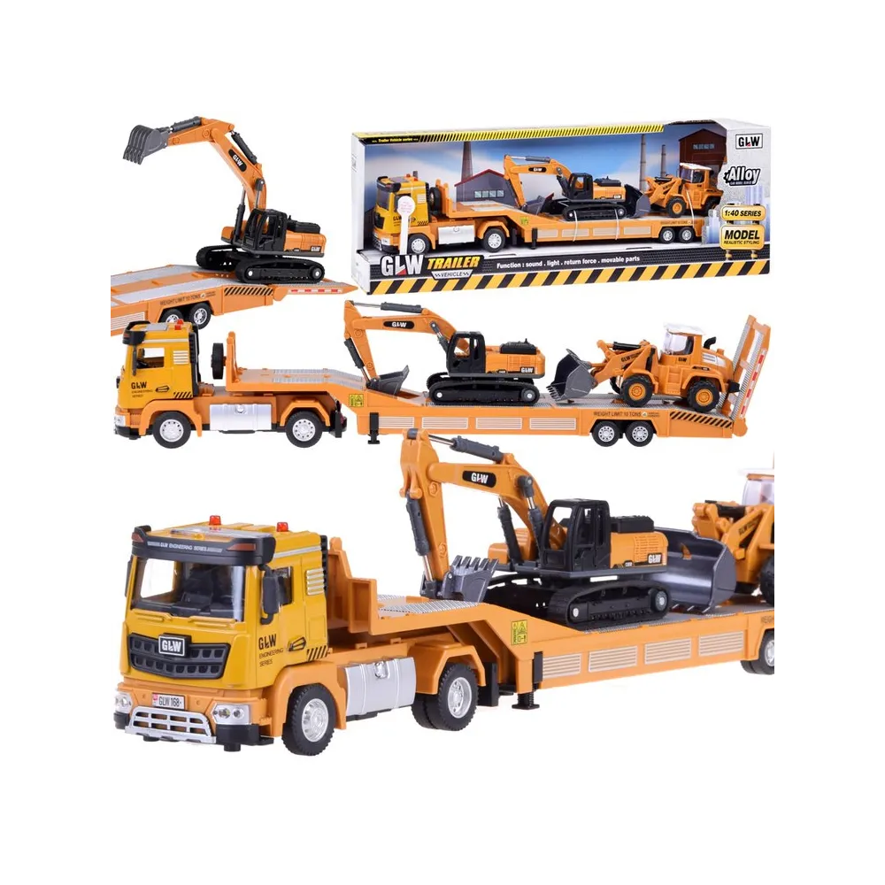 Zestaw tir laweta z koparką i spychaczem na tle opakowania