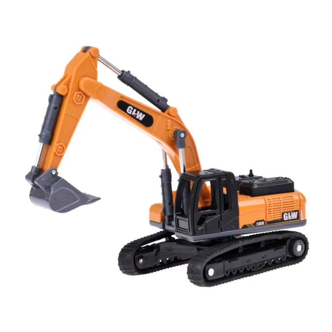 Trzy pojazdy budowlane z napędem pull-back ustawione obok siebie