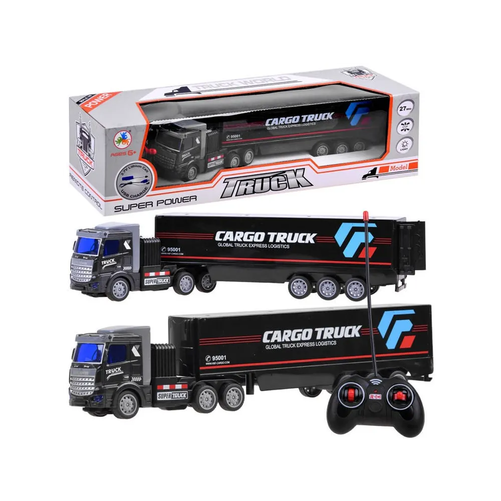 zdalnie sterowany tir z naczepą na białym tle