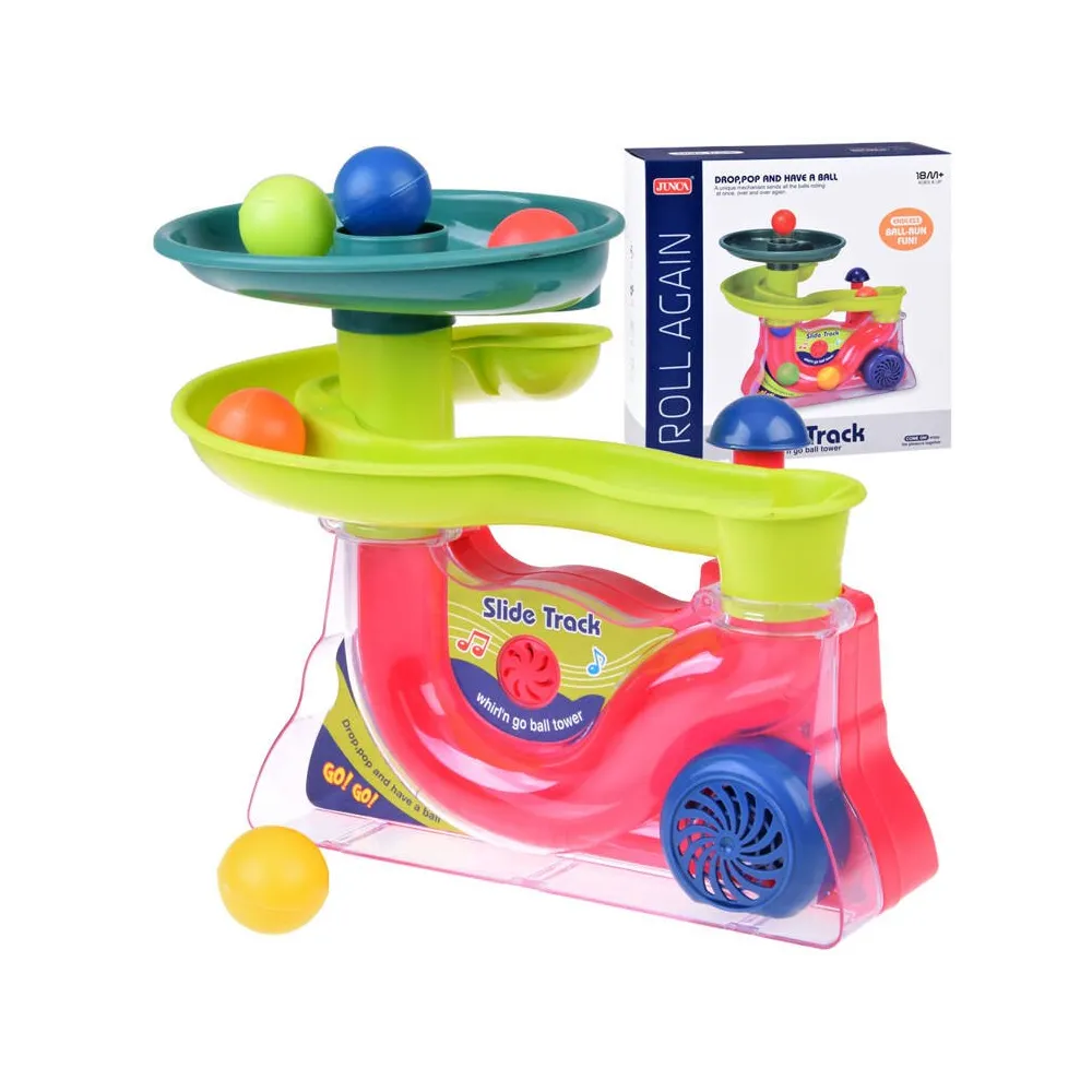 Tor dla kulek z muzyką i ruchomymi piłeczkami na białym tle