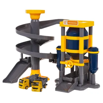 Plac budowy z silosem, zjeżdżalnią i pojazdami w widoku z góry