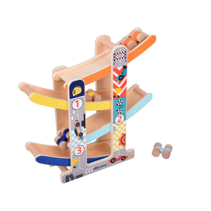 dziecięca zabawka – drewniany tor zjeżdżalnia i kolorowe auta