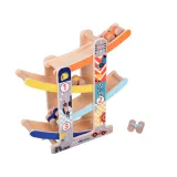 dziecięca zabawka – drewniany tor zjeżdżalnia i kolorowe auta