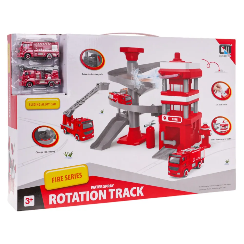 Remiza z otwartym garażem i szlabanem podczas zabawy autkami