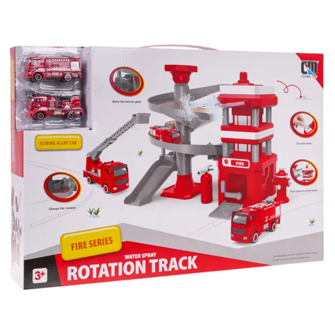 Remiza z otwartym garażem i szlabanem podczas zabawy autkami