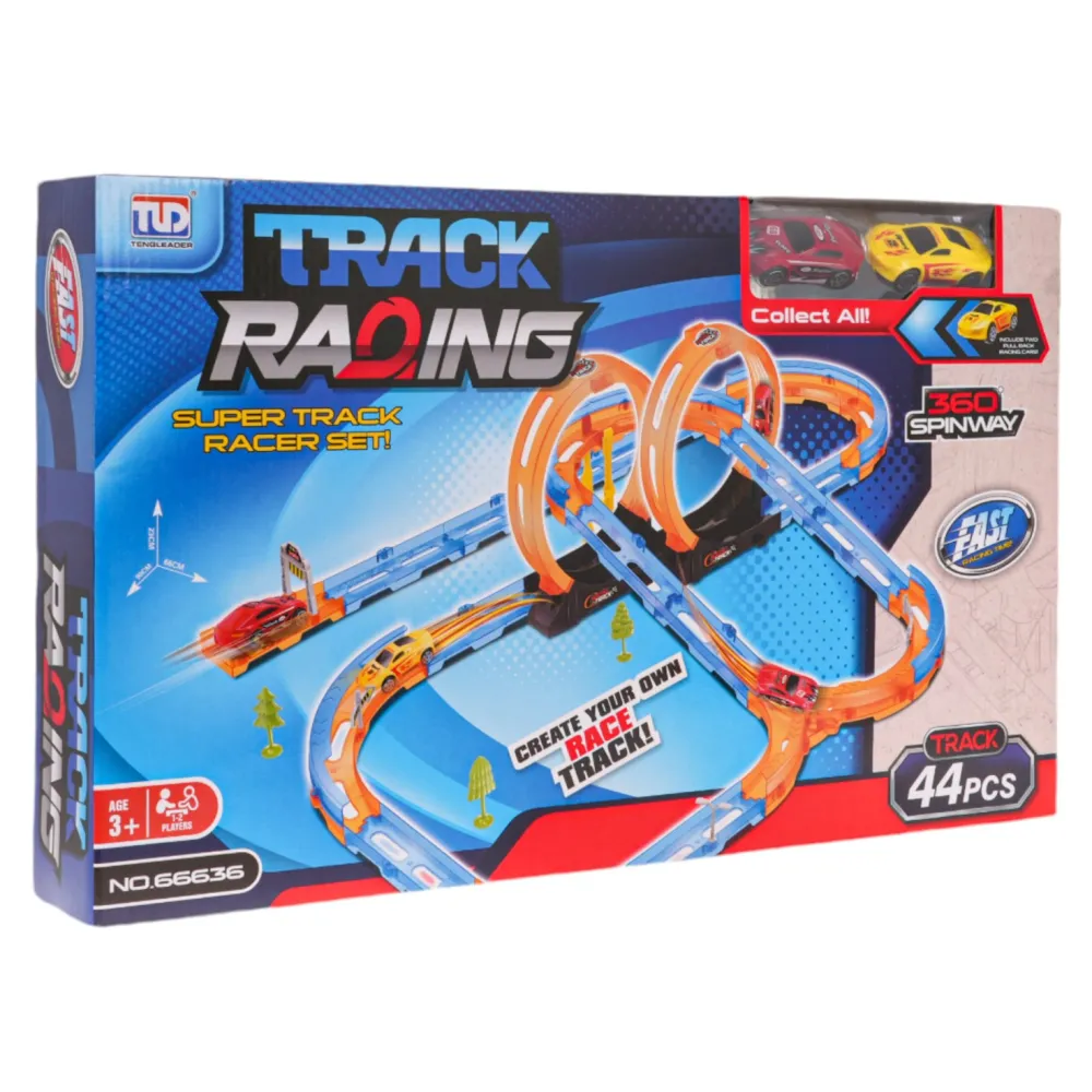 Tor wyścigowy 44-elementowy z samochodzikami na plastikowej trasie