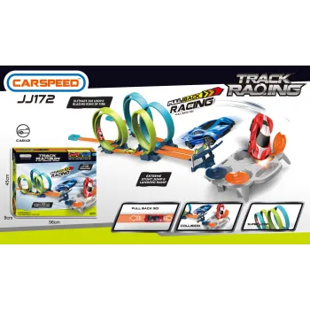 podwójny tor wyścigowy z pętlami i rampą na białym tle