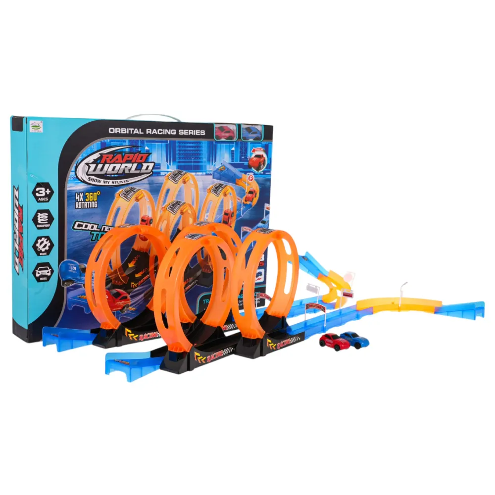 Tor wyścigowy z pętlą i dwoma samochodzikami na tle białym