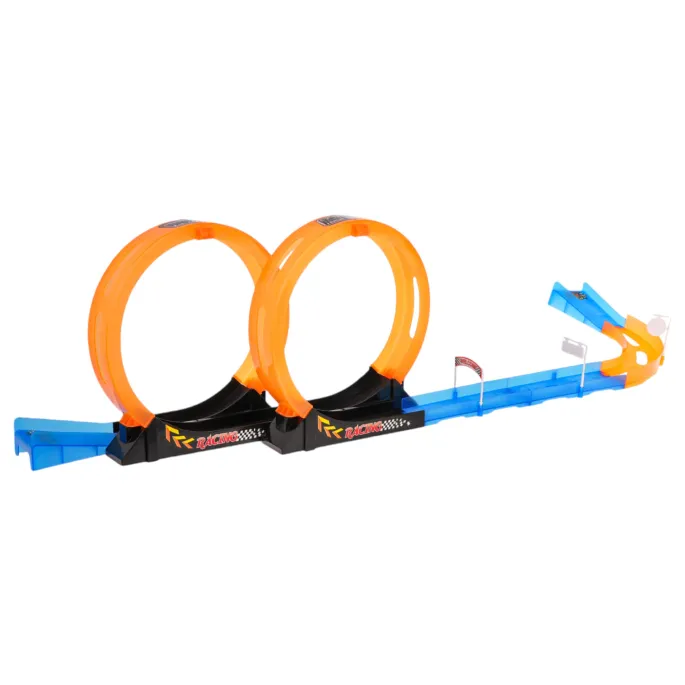 Dwa samochodziki typu pull back ustawione na starcie toru