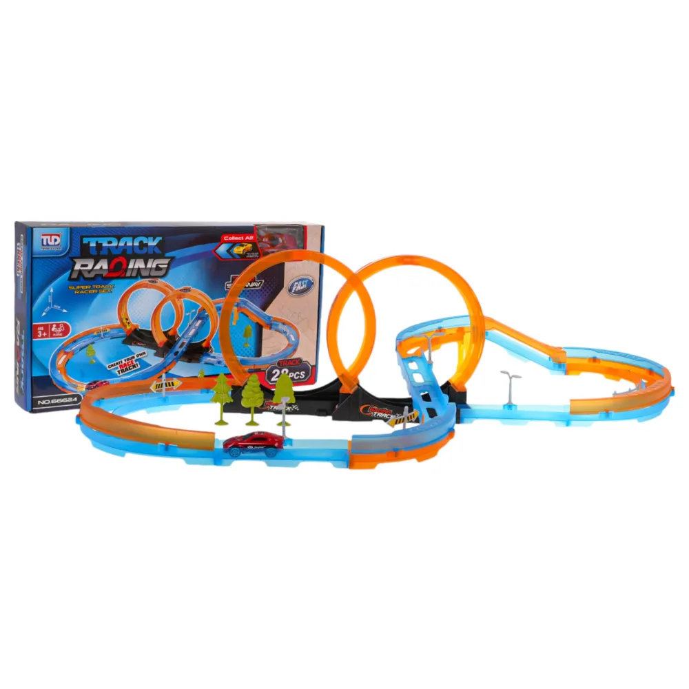 elementy zestawu toru wyścigowego ułożone obok siebie