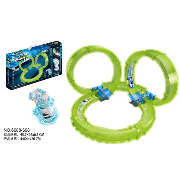 Tor wyścigowy świecący w ciemności z 25 elementami na białym tle