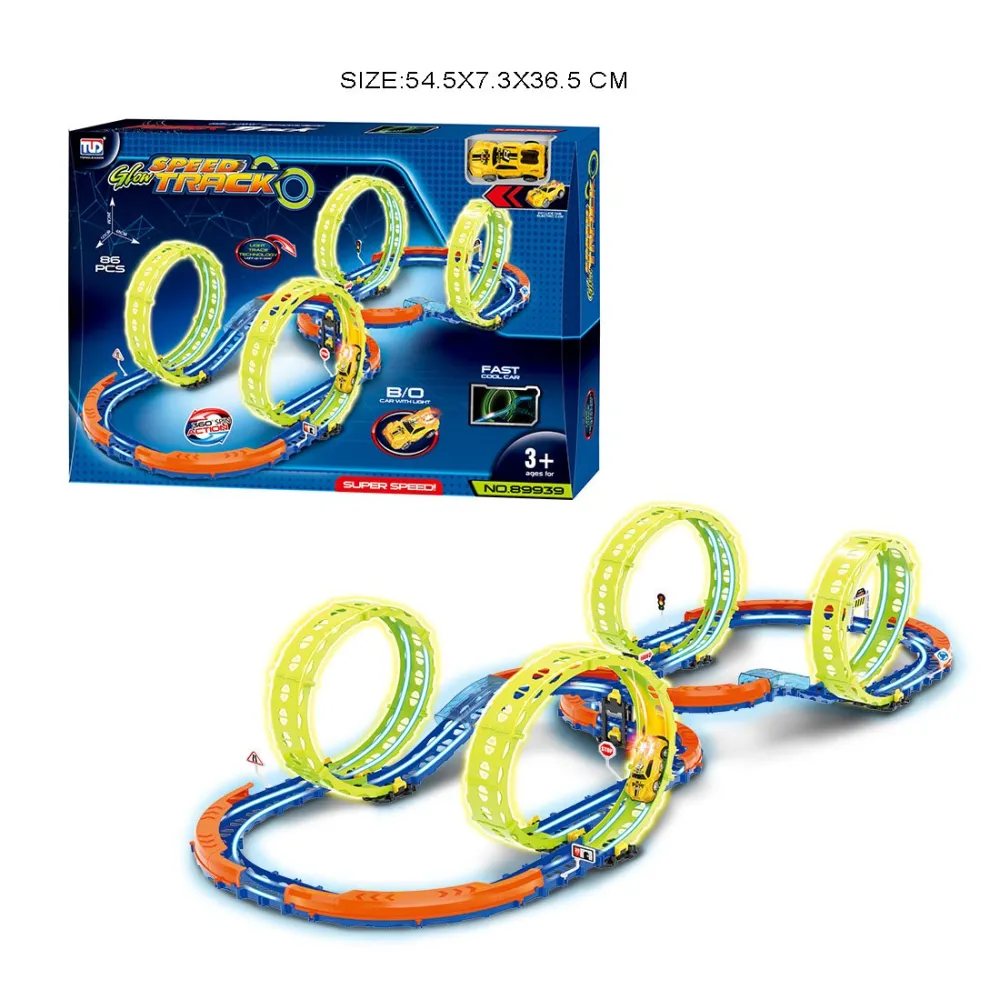 tor wyścigowy świecący w ciemności z 86 elementami, widok z lotu ptaka