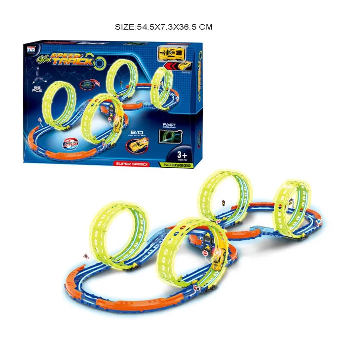 tor wyścigowy świecący w ciemności z 86 elementami, widok z lotu ptaka