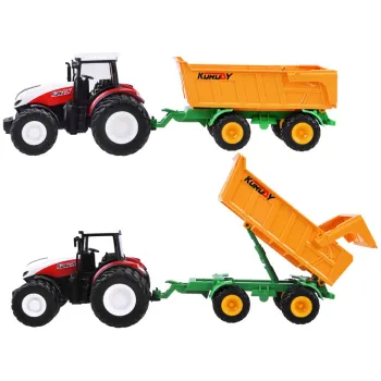 traktor z podwójnymi tylnymi kołami oraz przyczepą na tle imitacji farmy