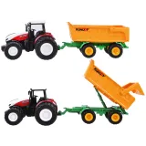 traktor z podwójnymi tylnymi kołami oraz przyczepą na tle imitacji farmy