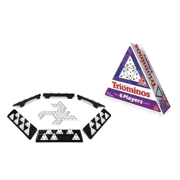 Zestaw Triominos 6 graczy z trójkątnymi kamieniami i podstawkami na stole