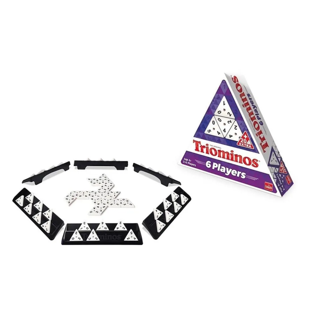 Zestaw Triominos 6 graczy z trójkątnymi kamieniami i podstawkami na stole