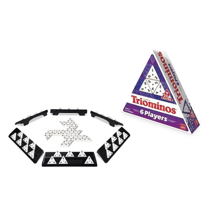Zestaw Triominos 6 graczy z trójkątnymi kamieniami i podstawkami na stole
