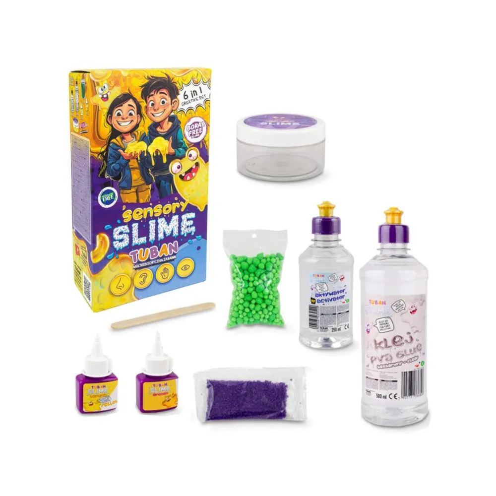 Zestaw sensory slime 6w1 z kolorowymi dodatkami na tle opakowania