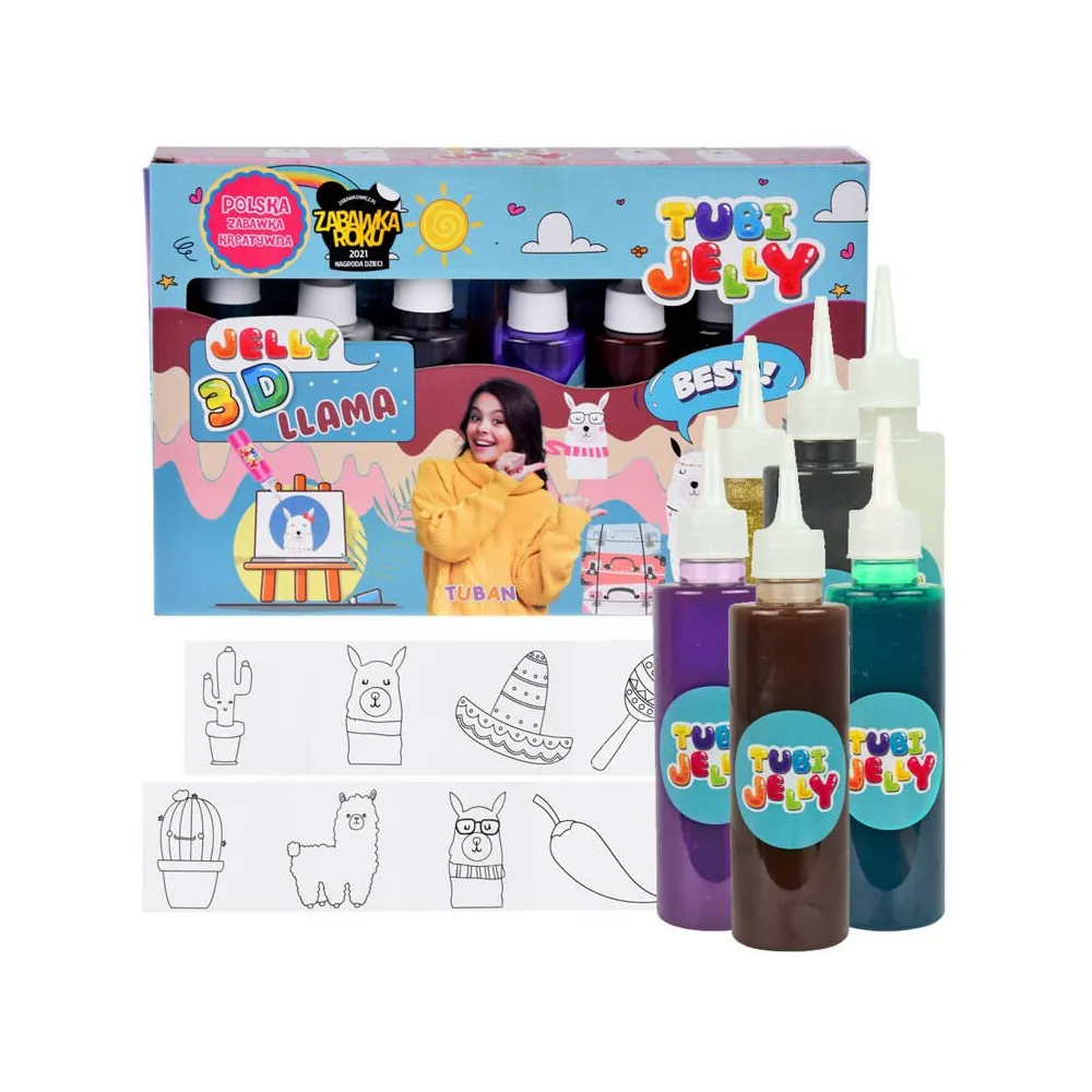 Zestaw Tubi Jelly Lama z kolorowymi żelowymi płynami na tle akcesoriów