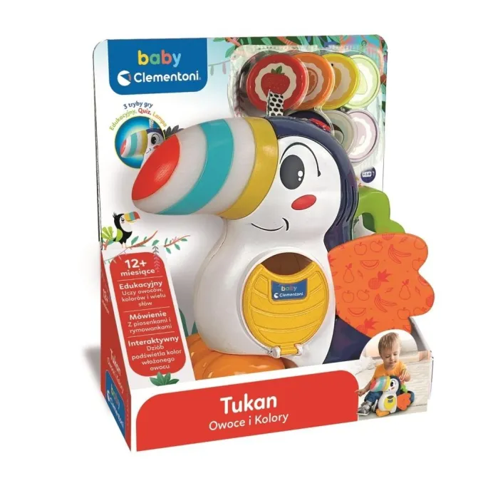 zabawka tukan z interaktywnym dziobem do nauki kolorów i owoców