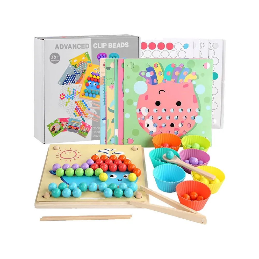 Układanka edukacyjna Montessori z kolorowymi kulkami na drewnianym panelu