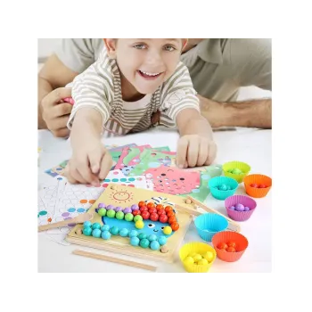 Komplet elementów układanki: panel, kulki, miseczki, narzędzia i szablony