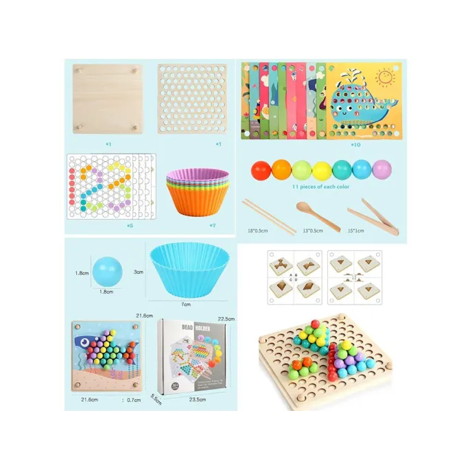 Różnorodne motywy z kolorowych kulek ułożone na planszy mozaikowej