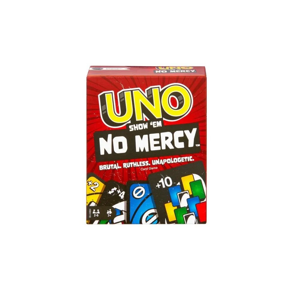 Uno No Mercy bez litości – pudełko gry z dodatkowymi kartami na jasnym tle