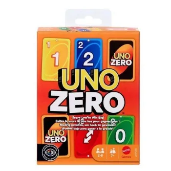 Opakowanie gry karcianej Uno Zero z wyraźnie widoczną grafiką na froncie