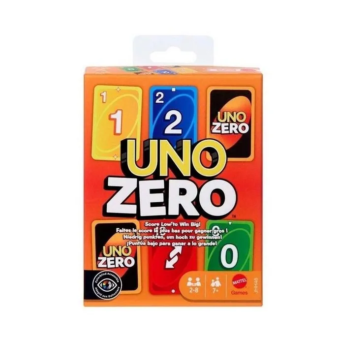 Opakowanie gry karcianej Uno Zero z wyraźnie widoczną grafiką na froncie